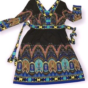 Size L vintage bohemian midi dress multi color print on black